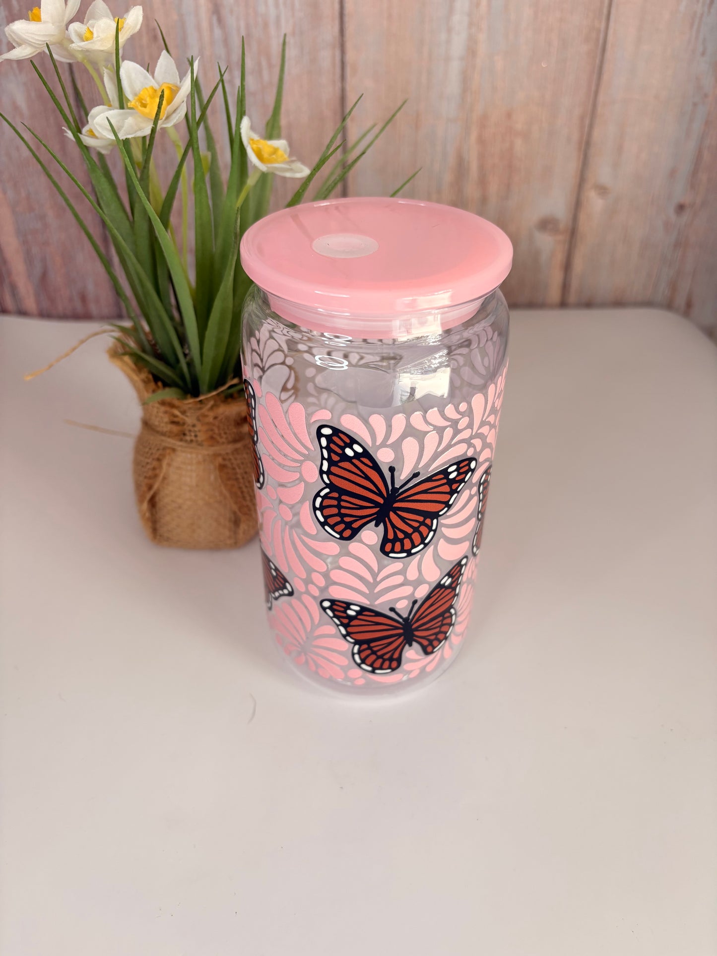 Pink butterfly plastic cup